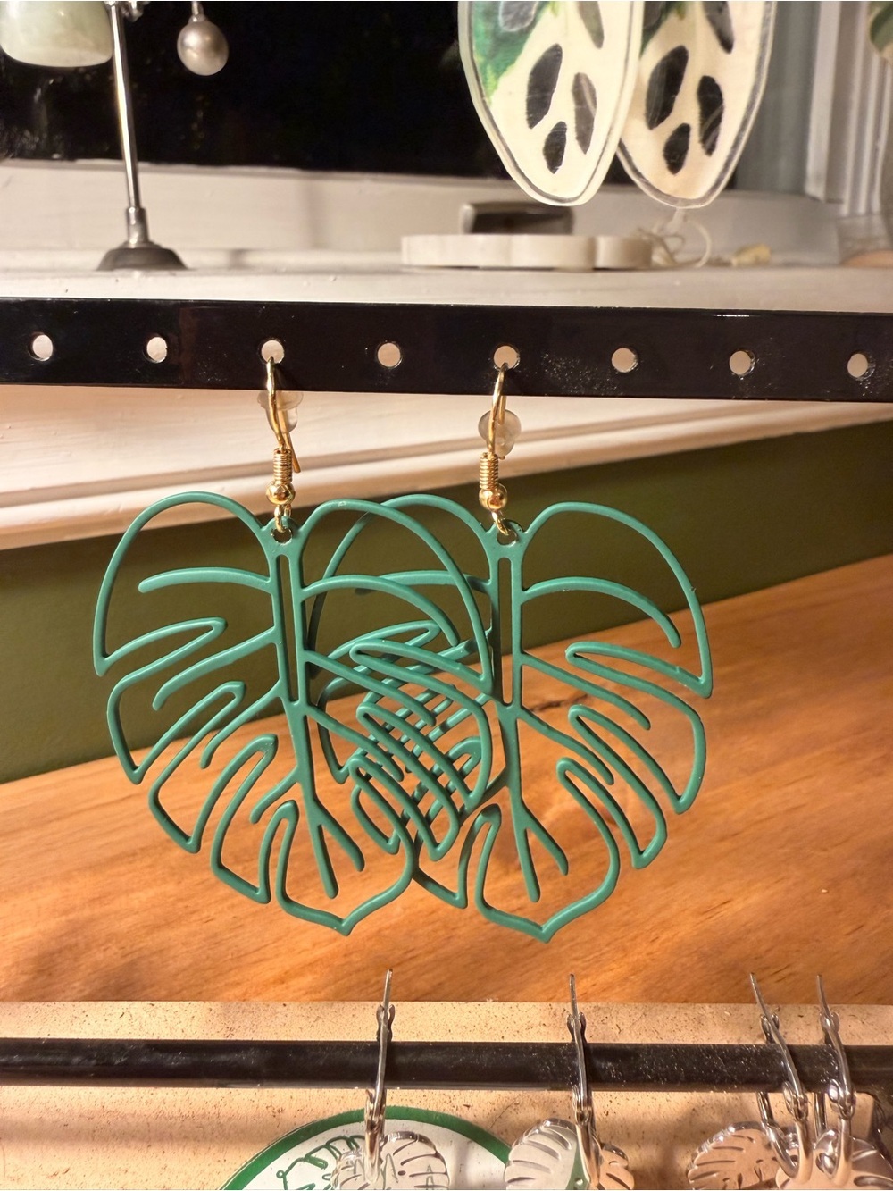 Green Monstera Leaf Cutout Earrings